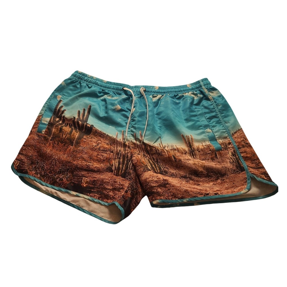 NovaMen Desert Cactus Print Swim Trunks Blue Brown Graphic Shorts Men's XXXL